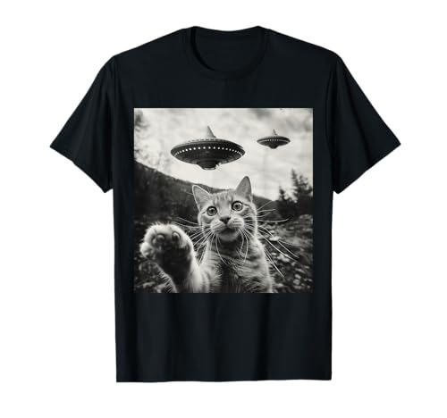 Funny Alien Cat Selfie UFO Encounter T-Shirt