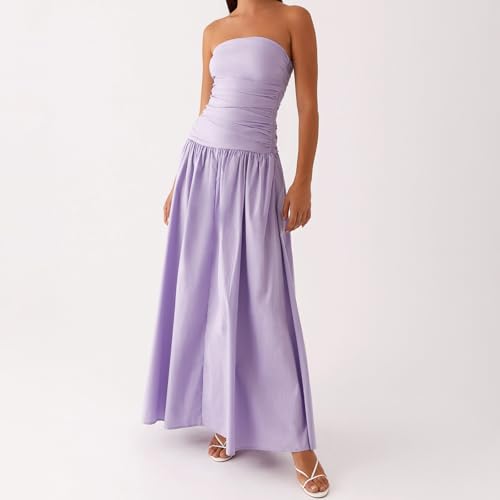 Image of Women Tube Top Maxi Dress Summer Strapless Backless Bodycon Long Bandeau Dress Elegant Off Shoulder A Line Dresses