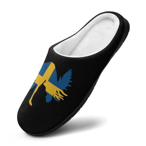 Moose in Swedish Flag Women's Cotton Slippers Indoor Outdoor Slip-on Warm House Shoes with Anti-Skid Rubber Sole2