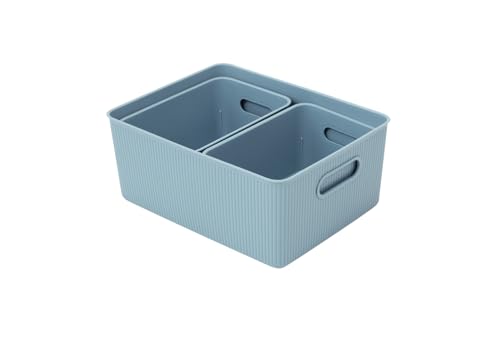 Image of Superio Decorative Plastic Basket Open Home Storage Bins Organizer, Blue (Set of 3) 1 Large, 2 Medium - Container Boxes for Organizing Closet Storage Bins for Shelves Drawer Shelf - Ribbed Collection