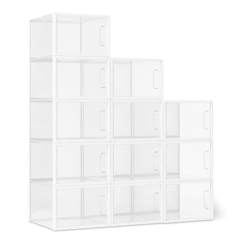 Amazon Basics - Lot de 12 boîtes de rangement empilables et pliables pour chaussures, taille L, Transparent