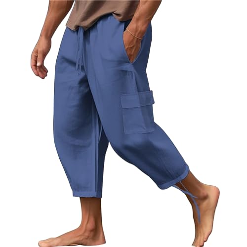 evzosrz Men's Cotton Linen Harem Pants Baggy Lightweight Elastic Waist Hippie Pant 2025 Solid Beach Yoga Capri Slacks for Men