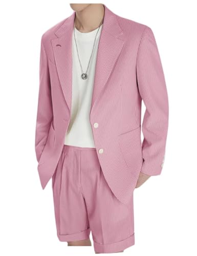 ONAXTDA Seersucker Striped 2 Piece Jacket Shorts Set for Men Single Breasted Notch Lapel Business Wedding Tuxedo