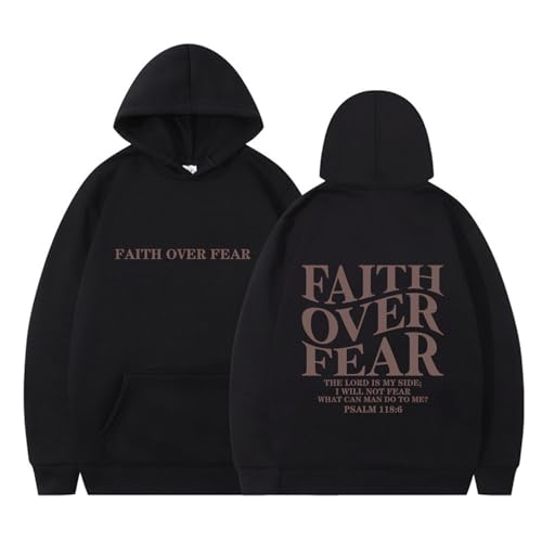 SHYLFEL Unisex Inspirational Quote Hoodie - Faith Over Fear Uplifting Scripture Design Comfort Fit Pullover Gift Merch Black
