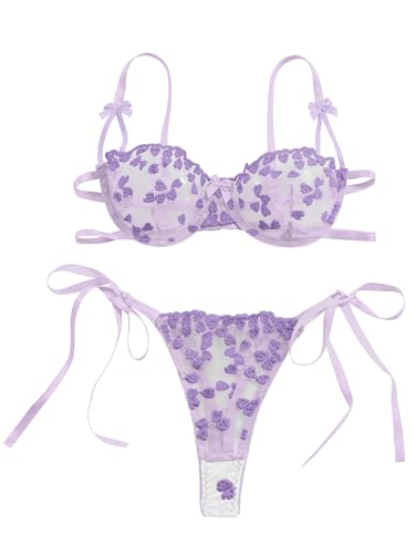Image of Lilosy Sexy Tie Side Cute Underwire Push Up Strappy Embroidered Mesh Sheer Lingerie Set