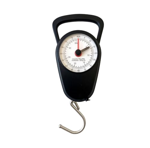 Báscula analógica para equipaje – Báscula con gancho resistente, capacidad de peso hasta 35 kg, ideal para pesar maletas, bolsos, paquetes y equipaje de mano, diseño compacto, portátil y perfecto para