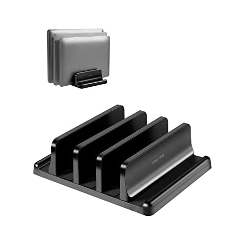 VAYDEER Vertical Laptop Stand 3 Slots, Laptop Holder for Desk with Adjustable Width, Office Desktop Tablet Stand Space Saving, Fit All MacBook/Microsoft Surface/Samsung/HP/Dell/Chromebook/Phone-Black Cover