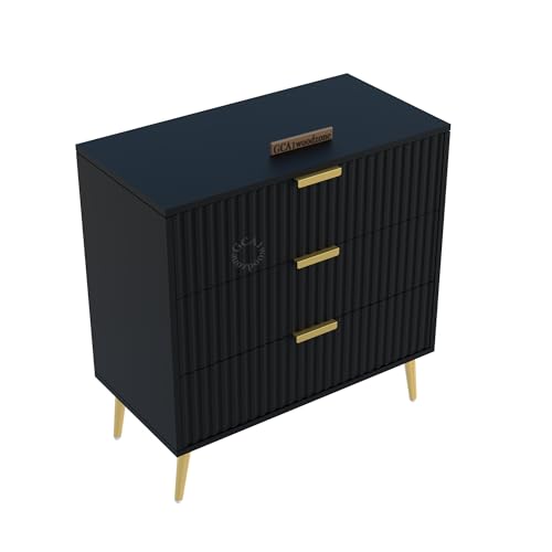 Image of Wooden Chest of Drawers with 3 Drawers | Dresser Console Storage Cabinet for Bedroom, Living Room, Office | Multipurpose Sideboard Organiser|HDMR Wood & Iron(Black & Gold)
