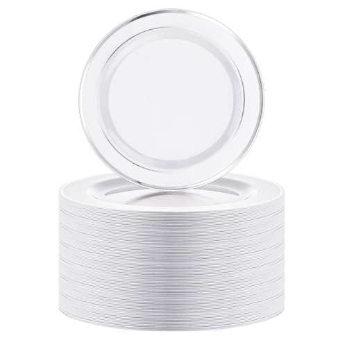 SENENQU Lot de 40 assiettes en plastique réutilisables de 26 cm avec bord argenté - Assiettes à dîner en plastique incassable pour mariage, fête...