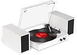 TANLANIN Record Player with External Speakers – Vintage Bluetooth Turntables for Vinyl Records, 3 Speed Belt Drive Vinyl Player with Dual Stereo Speakers, PC Encoding, RCA/AUX/Headphone, in White