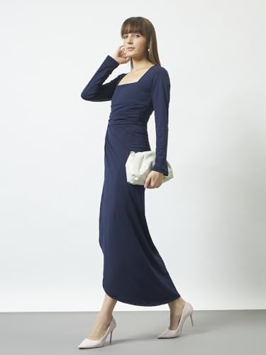 Image of Trend Arrest.ed Women's Bodycon Midi Dress | Square Neck Wrap Style | Stretchable | Full Sleeve Fitted Dress for Party, Evening, Casual Outings & Date Night