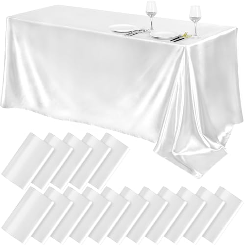 Image of TURSTIN 16 Pack White Satin Tablecloth 102 x 58 Inch Overlay Table Cover