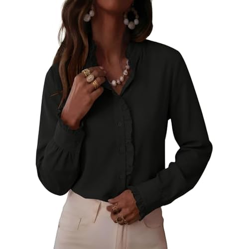 LOMON Button Down Shirts for Women Dressy Casual Long Sleeve Ruffle Blouses Office Tops Work Shirt