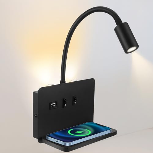 Lampe de lecture murale avec USB, lampe de lecture 3W+10W pour lit avec interrupteur et chargeur sans fil, applique murale LED pour lit, lampe de lecture pivotante à 360° avec col de cygne et