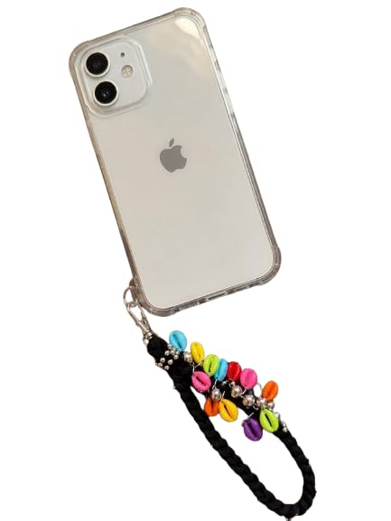 Phone Wrist Strap with Colourful Cowrie Shells, Black Braided | Silver Metal Beads, Wrist Loop Design, Clip-On Connector, Boho Style, Universal Fit-image-43