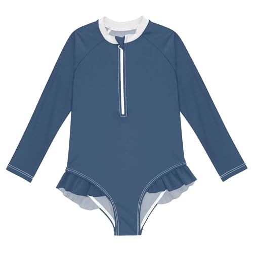 Plain Deep Blue Baby Girl Bathing Suit Long Sleeve UPF 50+ One Piece Toddler Swimsuit Size 4t