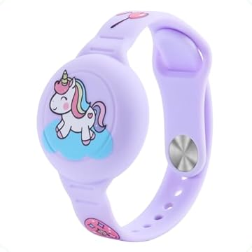 Pulseira Infantil Compatível com Airtag Apple Rastreador GPS de Silicone À Prova D'água Impermeável Ajustável para Criança com Desenhos (Roxo - UNICÓRNIO)