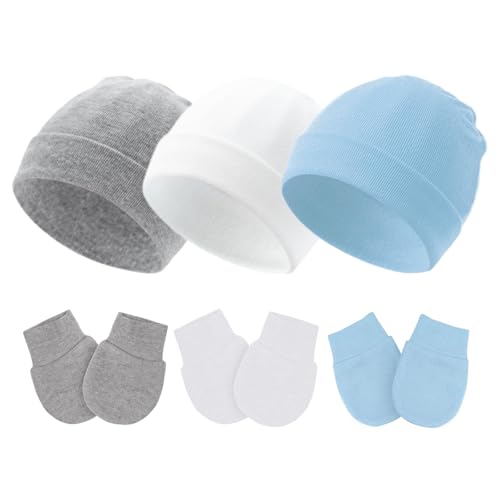 Fecawd Baby Hats and Mittens Newborn Hats Gloves Infant Beanie Soft Cap Mitten Sets for 0-6 Months Boys Girls(Blue)