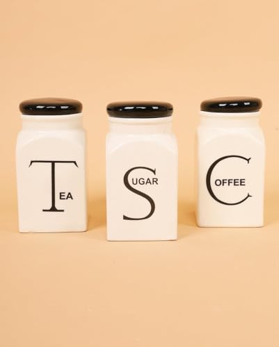 Image of Ceramic Tea Coffee Sugar Container Set of 3 for Kitchen Storage 500 ml | Airtight Ceramic Canisters with Lid | Modern Storage Jars for Tea Coffee Sugar | Food Storage Containers | White & Black Lid