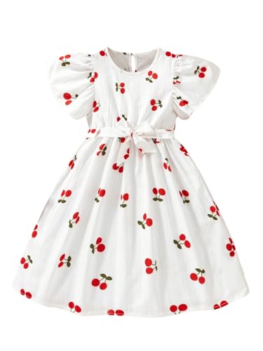 Girl's Cherry Print Dress Cute Ruffle Sleeve High Waisted A Line Flowy Vacation Dresses