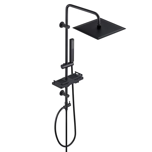 Görbach Columna Ducha sin Grifo Negra Columna de Hidromasaje Altura Adjustable Set Ducha Acero Inoxi 304 Conjunto Ducha con Alcachofa Ducha Mano, Estante y Cabezal Ducha Lluvia 25x25cm