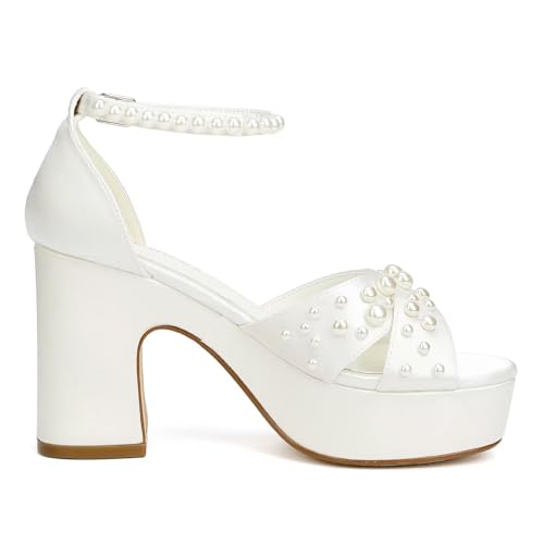 Women's Platform Heels Pearl Wedding Shoes for Bride Open Toe Chunky Heel Bridal Sandals4