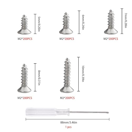 Roosea 1000 Pcs M2 Small Hinge Wood Screws 5/6/7/8/10 mm Tiny Flat Head Cross Small Wood Screws with Screwdriver for DIY Hinge Drawer Accessories(Silver) - Image 2