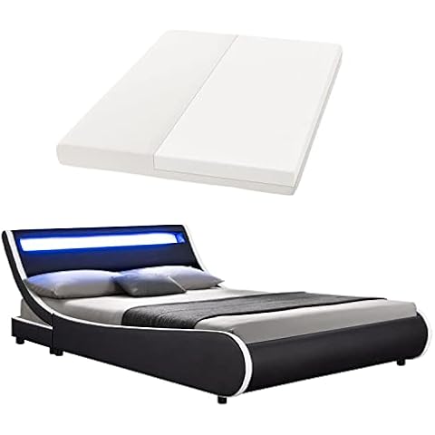 Juskys Polsterbett Valencia komplett mit Kaltschaum-Matratze, Lattenrost und LED Beleuchtung im Kopfteil | 140 x 200 cm | schwarz | Bett Jugendbett Cover