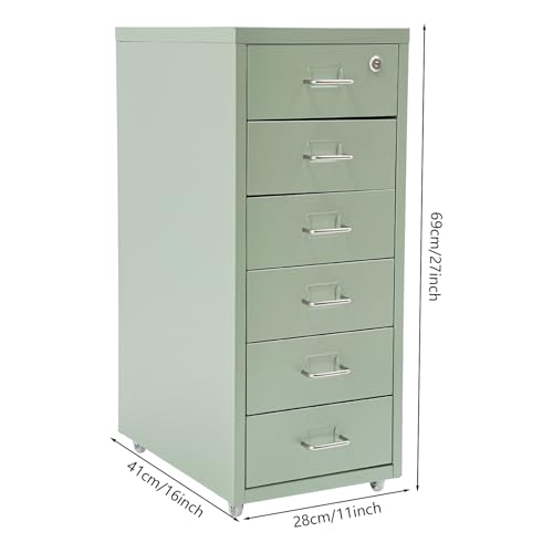 Image of 6 Drawer Vertical File Cabinet, Filing Cabinets for Home Office, Metal File Storage Cabinet with Lock & Wheels, Small Locking File Cabinet with Drawers for Letter /Legal /F4 /A4 (Light Green)