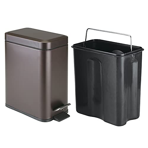 mDesign 1.3 Gallon Rectangular Slim Profile Metal Step Trash Can Wastebasket, Garbage Container Bin, Bathroom, Powder Room, Bedroom, Kitchen, Craft Room, Office - Removable Liner Bucket - Bronze