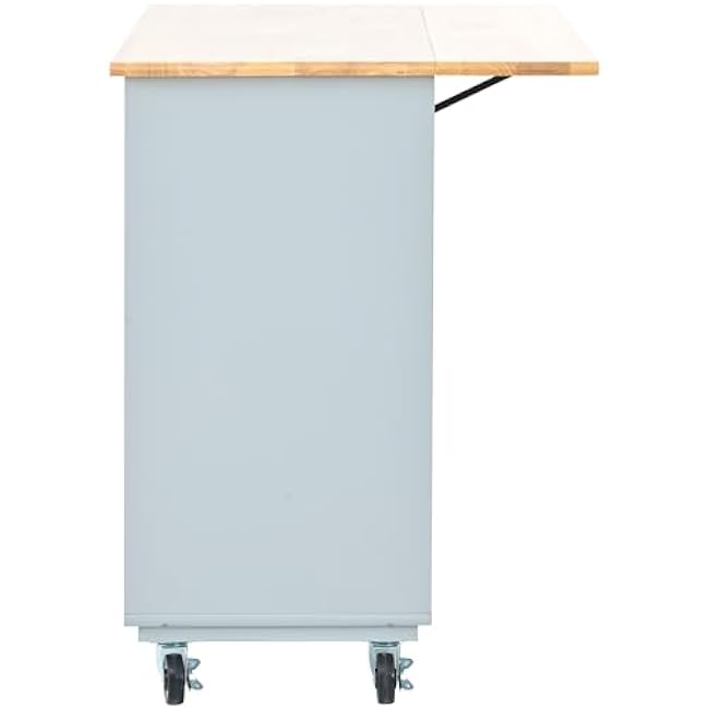 Kitchen Island Cart, Kitchen Cart On Wheels with Drop Leaf, 2 Sliding Glass Doors, 2 Cabinet, 1 Open Shelf Rolling Mobile Cart with LED Light and Power Outlets for Dining Room Grey+Blue-WTZ60o1G