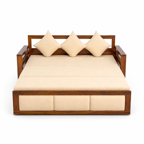 Image of SONA ART & CRAFTS Zeus Sheesham Wood 3 Seater Sofa Cum Bed | Wooden 3 Seater Sofa for Living Room Wooden Furniture Sofa Bed for Home (Natural Finish)