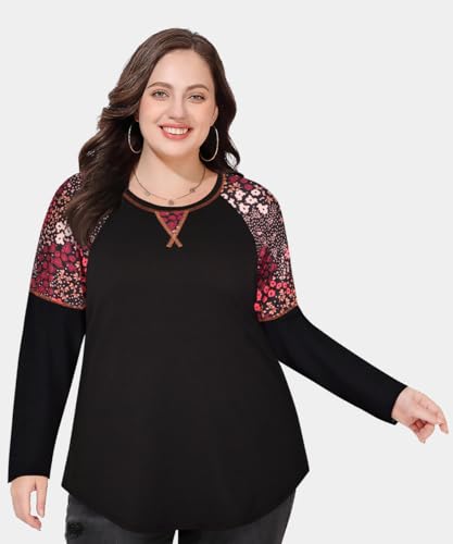 Image of CARCOS Plus Size Tops for Women Color Block Flower /Striped /Camo Crew Neck Long Sleeve Tee Shirt