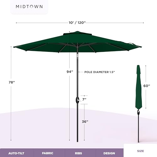 Image of Midtown Umbrellas - The Lean 10 Ft Patio Umbrella with 10-Year-No-Fade Acrylast Acrylic Fabric, Auto-Tilt and 8 Reinforced Ribs for Deck, Pool, Garden, Hotel & Cafes - Forest Reserve Canopy, Black Pole