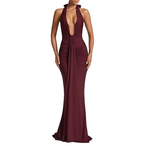 ABYOVRT Women Deep V Neck Ruched Maxi Dress Sleeveless Halter