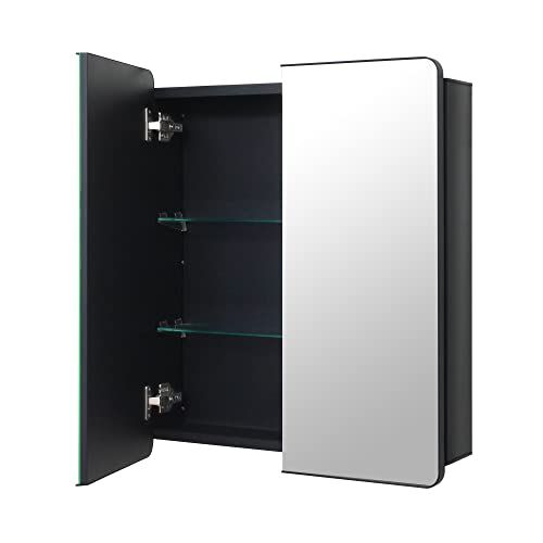 Fundin Schwarzer Aluminium-Badezimmer-Spiegelschrank 60 x 70 cm mit gerahmter Tür und verstellbaren Glasböden, Einbau- oder Aufputzmontage