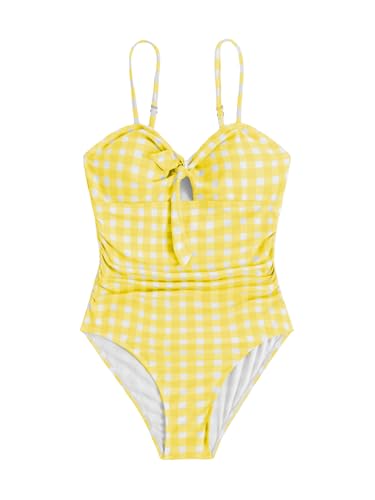 Image of Floerns Girl's Gingham Print Ruched Cut Out Knot Front One Piece Swimsuit