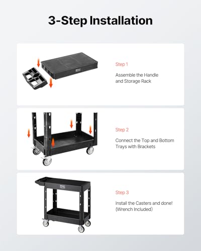 VEVOR Werkzeugwagen, 250 kg Tragkraft, Werkstattwagen, Mehrzweckwagen aus Kunststoff mit Zwei Ablagen & 360°-Lenkrollen (2 mit Bremse), geeignet für Lager, Garage, Reinigung, 1015x450x850 mm