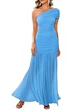 LAGSHIAN Women's Elegant Formal Long Dress One Shoulder Sleeveless Ruched Bodycon Evening Dress Blue
