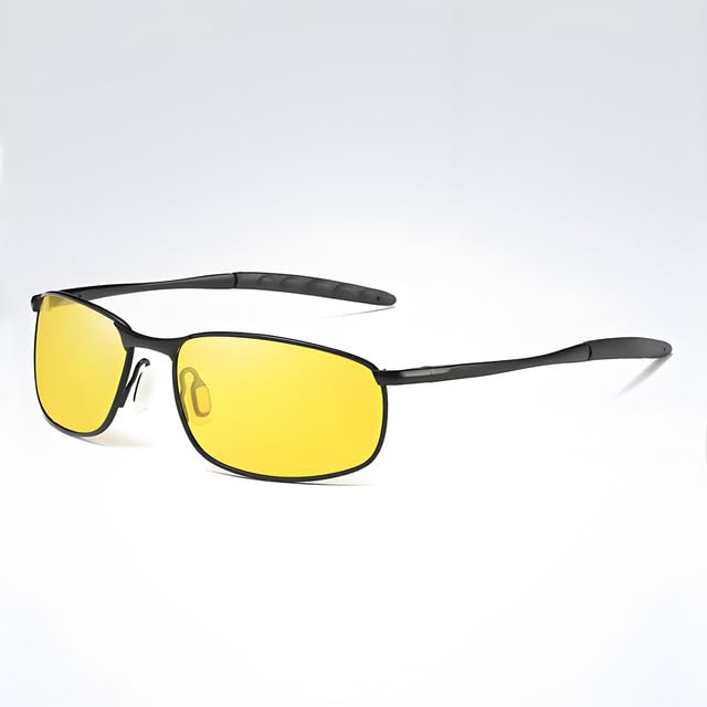 Sports Sunglasses for Night Vision, Metal Frame Rectangular Sports Sunglasses with Anti-Glare Amber Lenses for Men Women Cycling Driving Fishing