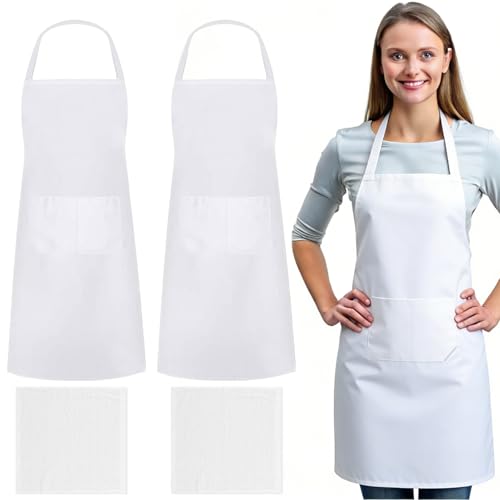 FAREASTSHOP 2 Pièces Tablier Cuisine Blanc, 75 x 65cm Tablier Serveur, Réglable Tabliers avec Poche, Chef Cuisine Tabliers pour Hommes et Femmes pour...