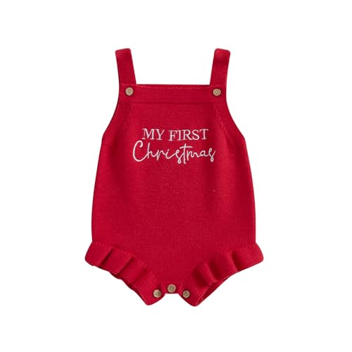 SAYOO Baby Girl Boy My First Christmas Knitted Romper Sleeveless Letter Embroidery Bodysuit Romper Newborn Xmas Jumpsuit (Red 3-6 Months)