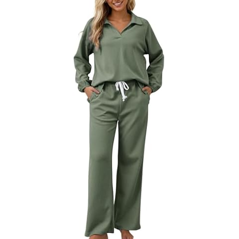 Zilcremo Women 2 Piece Outfits Fall Lounge Sets Oversized Long Sleeve Tops Wide Leg Pants Tracksuit Matching Sets Beangreen XL Cover