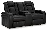 Signature Design by Ashley Caveman Den Modern Faux Leather Power Reclining Loveseat with Console, Adjustable Headrest and LED Lights, Black