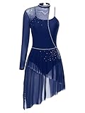 Sinleey Damen Contemporary Dance Kleid Eiskunstlauf Kleid Gymnastik Trikot Asymmetrisch Strass Latein Modern Jazz Tanzkleid Marineblau S