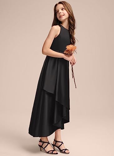 A-line Scoop Asymmetrical Satin Junior Bridesmaid Dress Flower Girl Dresses for Wedding with Cascading Ruffles3