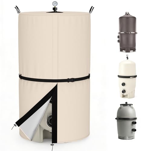 Roasivi Universal Swimming Pool Filter Cover for Cartridge & D.E. Filters for Underground and Above-Ground Pools Beige Waterproof Material 24 D x 55 H
