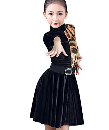 Flickor Latin Dance Dress Velvet Stage Performance Leotard Skirt Höst Vinter Ballroom Tango Salsa Dance Competition Kostymer,Black,130CM