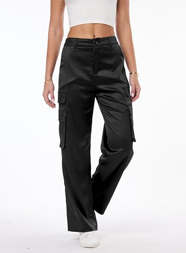 Women's Satin Cargo Wide Leg Pants Silky Party Dressy Casual Pocketed Pant Long Trouser4