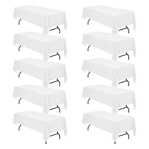 Image of BRILLMAX 10 Pack White Tablecloths 60x126 Inch for 8ft Rectangle Tables | 150 GSM Polyester Fabric, 15 inch Standard Drop, Water, Stain & Wrinkle Resistant Cloth Cover for Wedding Reception Banquet Party